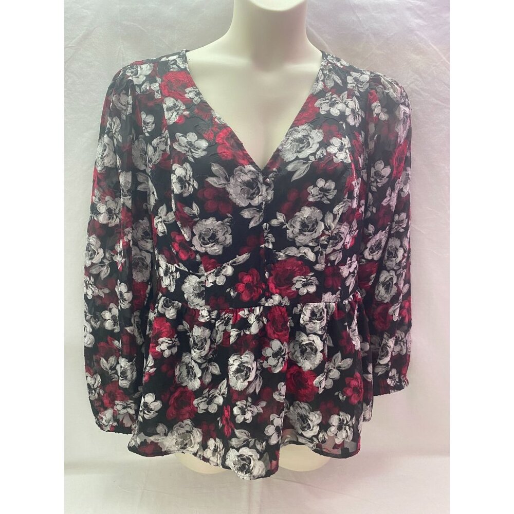 Torrid Size 1 Women's Rose Floral & Black& Red Pullover Sheer  Blouse
